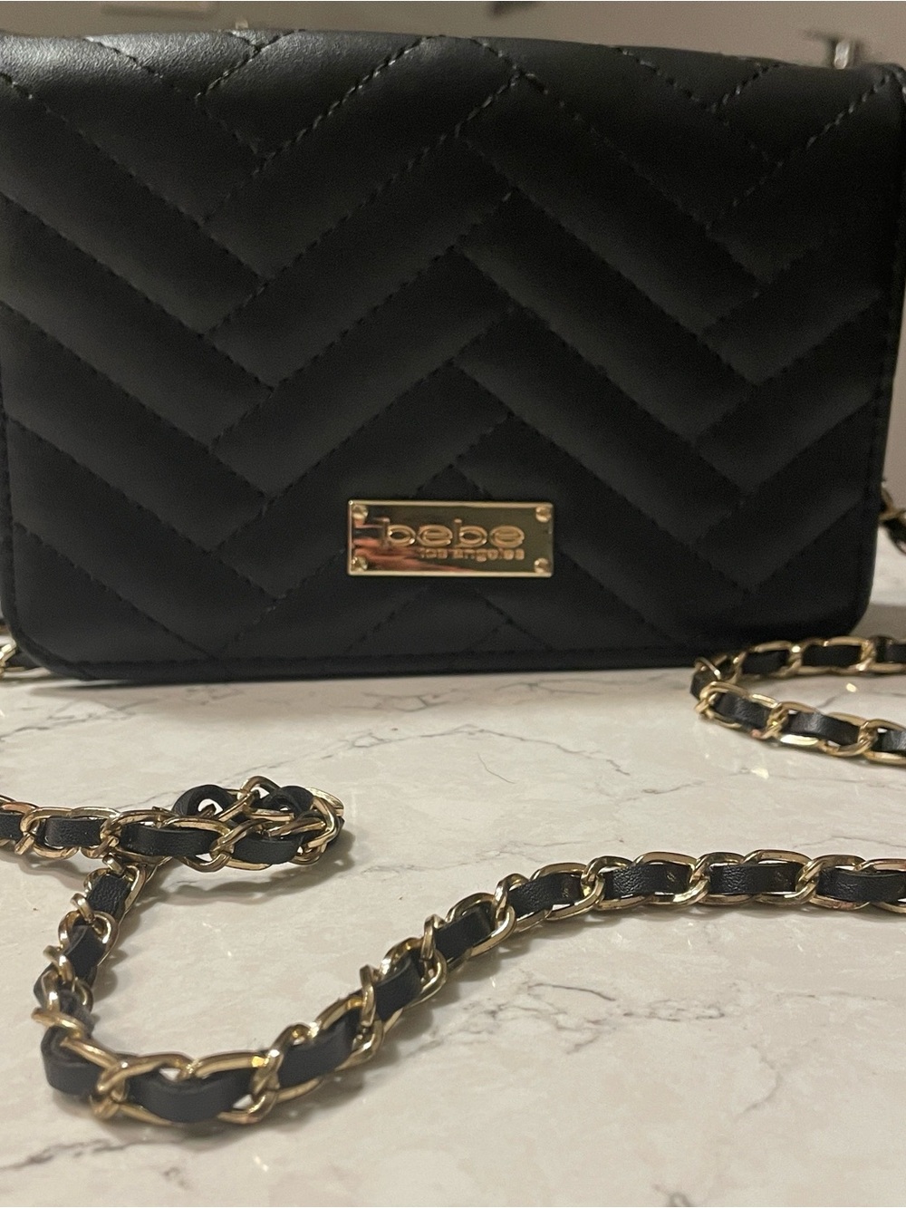bebe Black Quilted Crossbody with Gold Chain